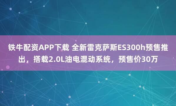 铁牛配资APP下载 全新雷克萨斯ES300h预售推出，搭载2.0L油电混动系统，预售价30万